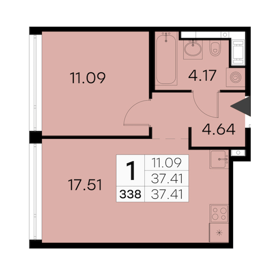1-комнатная квартира 37.41 м², 17/19 эт., ЖК «GloraX Aura Vasileostrovsky»